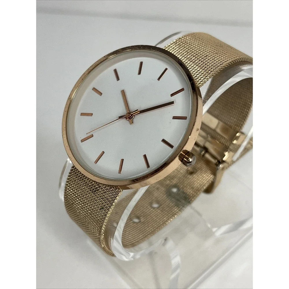 Women's Rose Gold Quartz Watch Mesh Metal Band White Dial- New‎ Battery